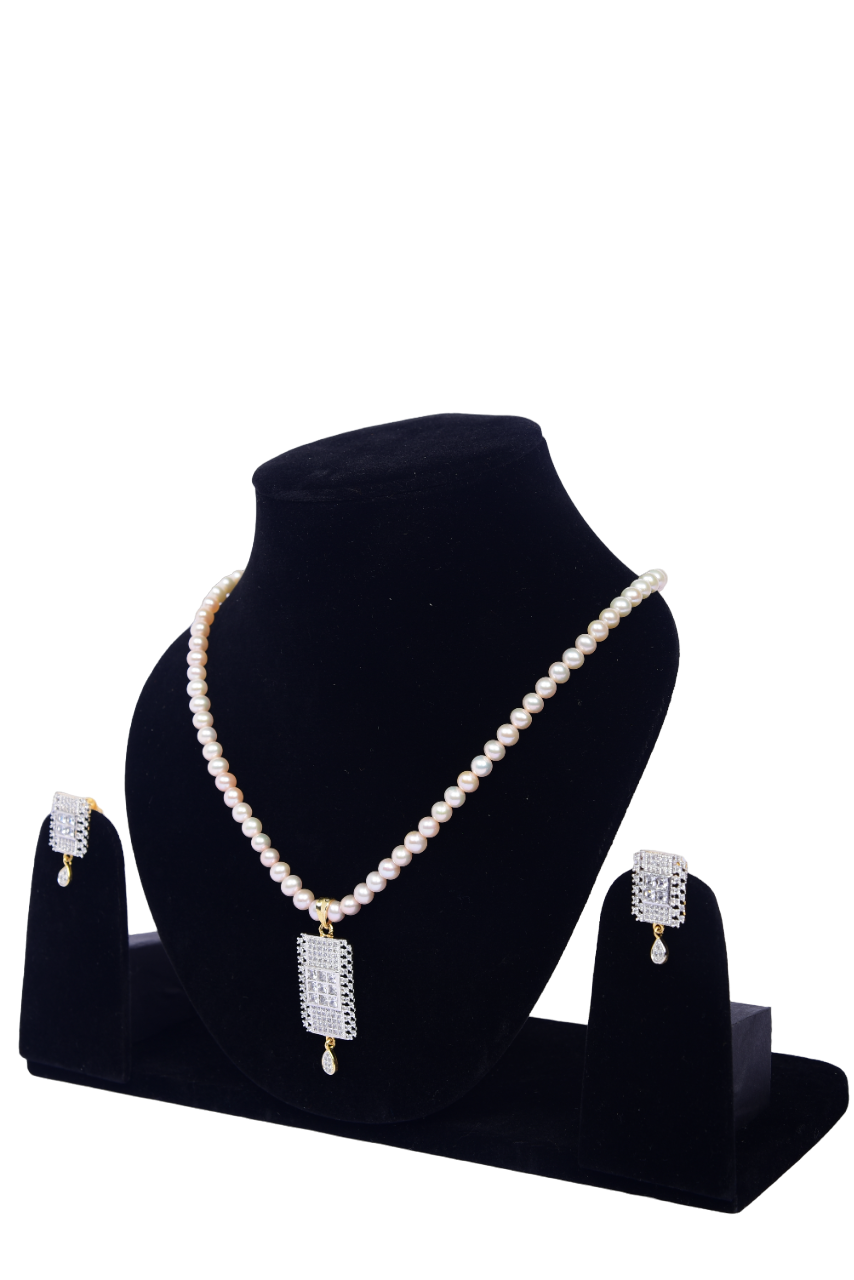 Namokriti Designer Pearl Jewelry Set – Necklace & Earrings with Diamond-Cut Pendant for Wedding & Party